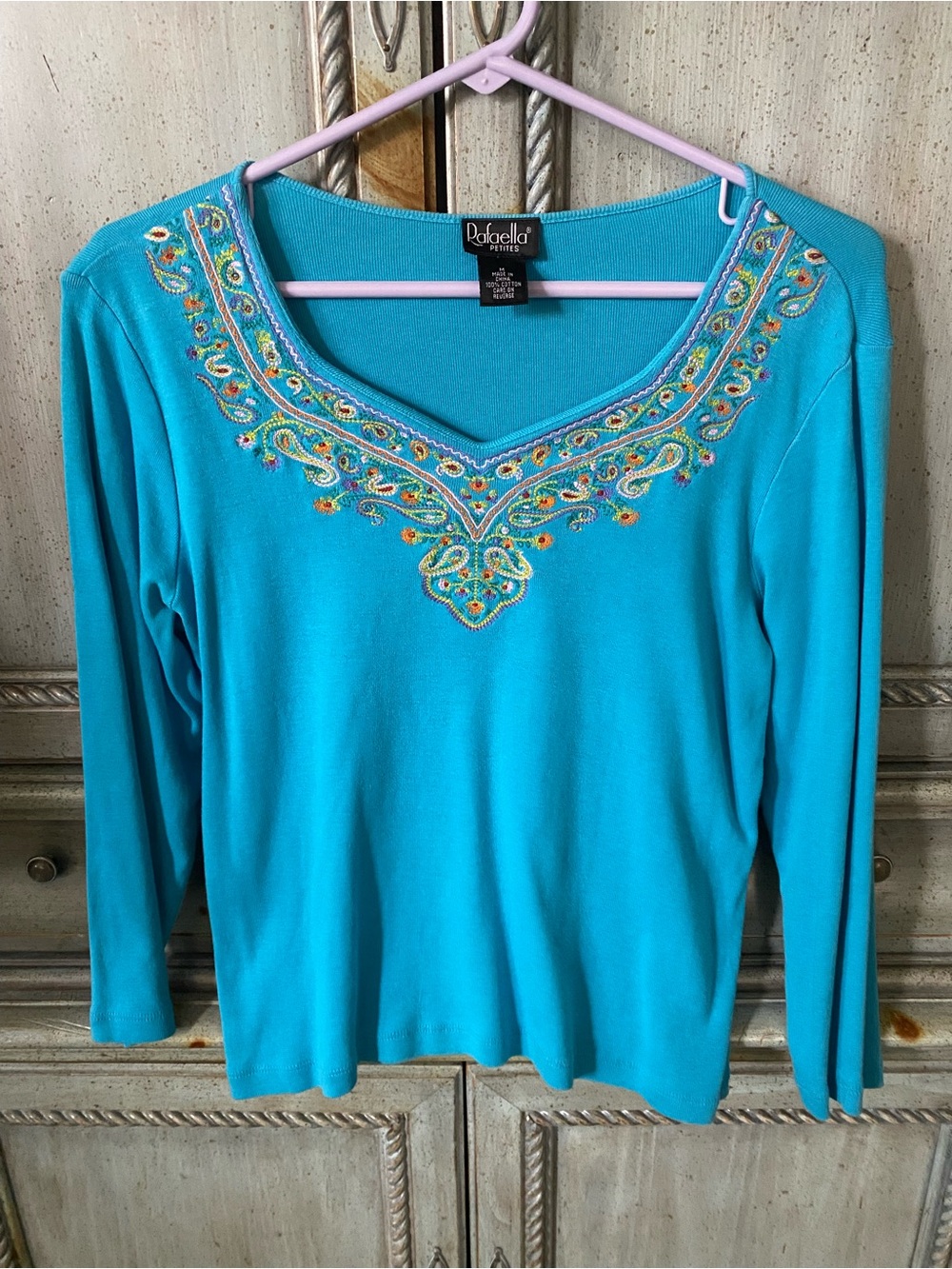 Rafaella Petites Turquoise 3/4 Length Sleeve V-Neck Top with Embroidered Yoke
